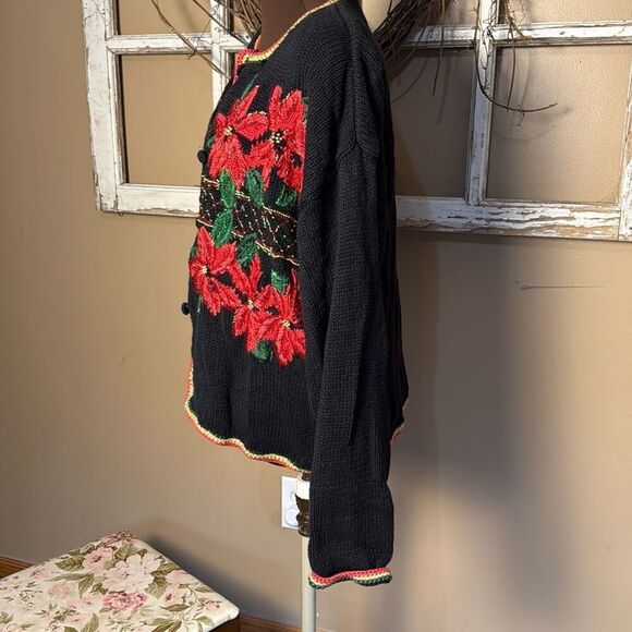 Vintage Eve Tyler Christmas cardigan sweater size women’s large black beaded poi - Picture 3 of 8